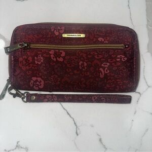 Travelon RFID Blocking Zip-Around Wristlet Wallet - Burgundy Floral Leopard